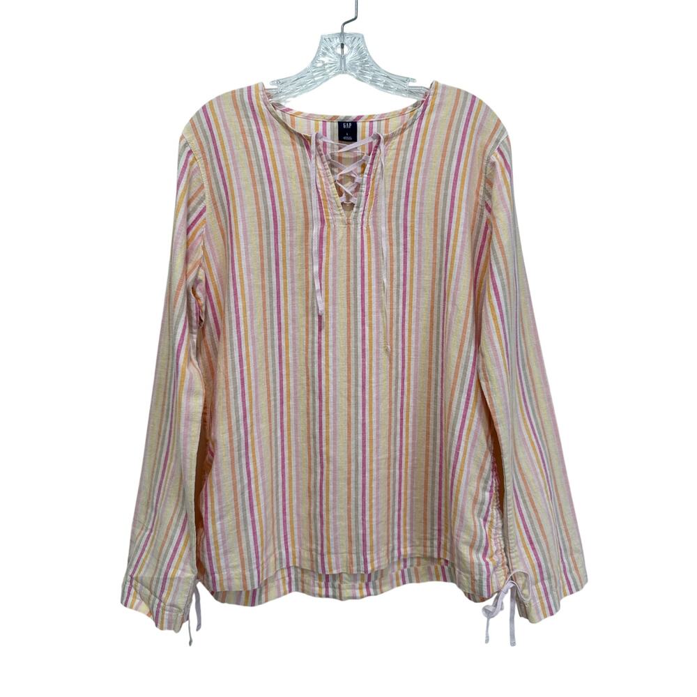 Vtg Gap Womens Pastel Striped Ruched Side Linen Blend Top L Beach Coastal Resort